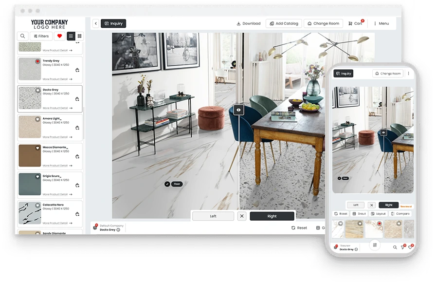 Tilesview Visualizer toont een kamer voor en na op desktop en mobiel